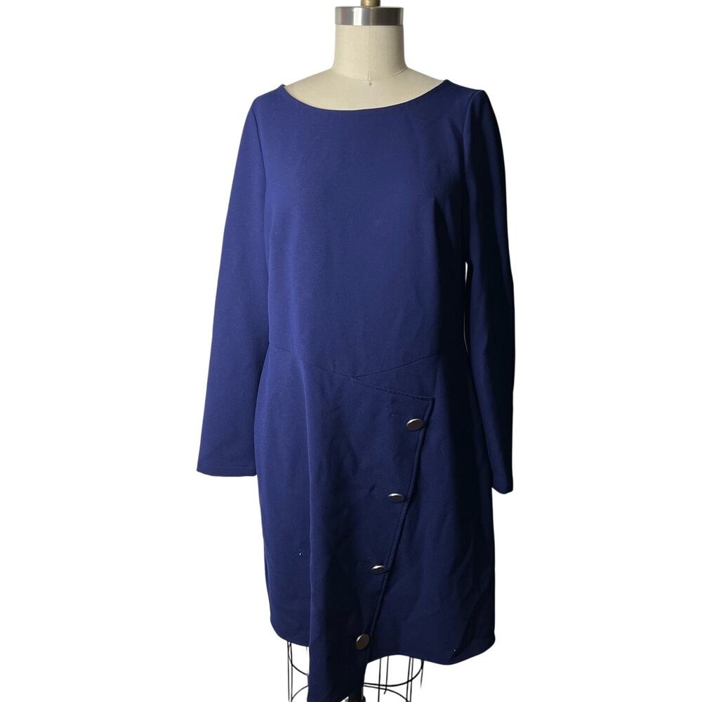 Shoshanna Upton Blue Crepe Asymmetrical Long Sleeve Faux Button Dress Size 12